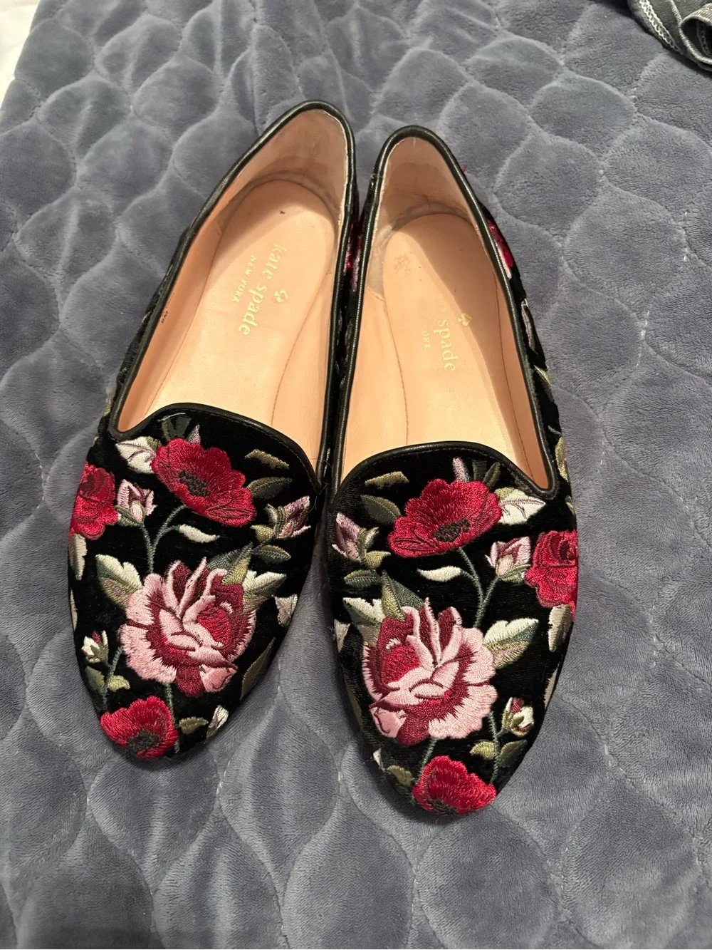 kate spade Black Velvet Floral Embroidered Loafers